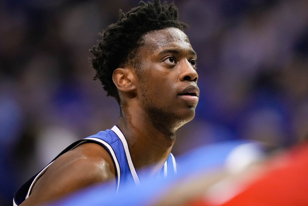 (Francisco Kjolseth | The Salt Lake Tribune) BYU Cougars forward AJ Dybantsa (3) says he will stay enrolled as a student despite declaring for the NBA draft.