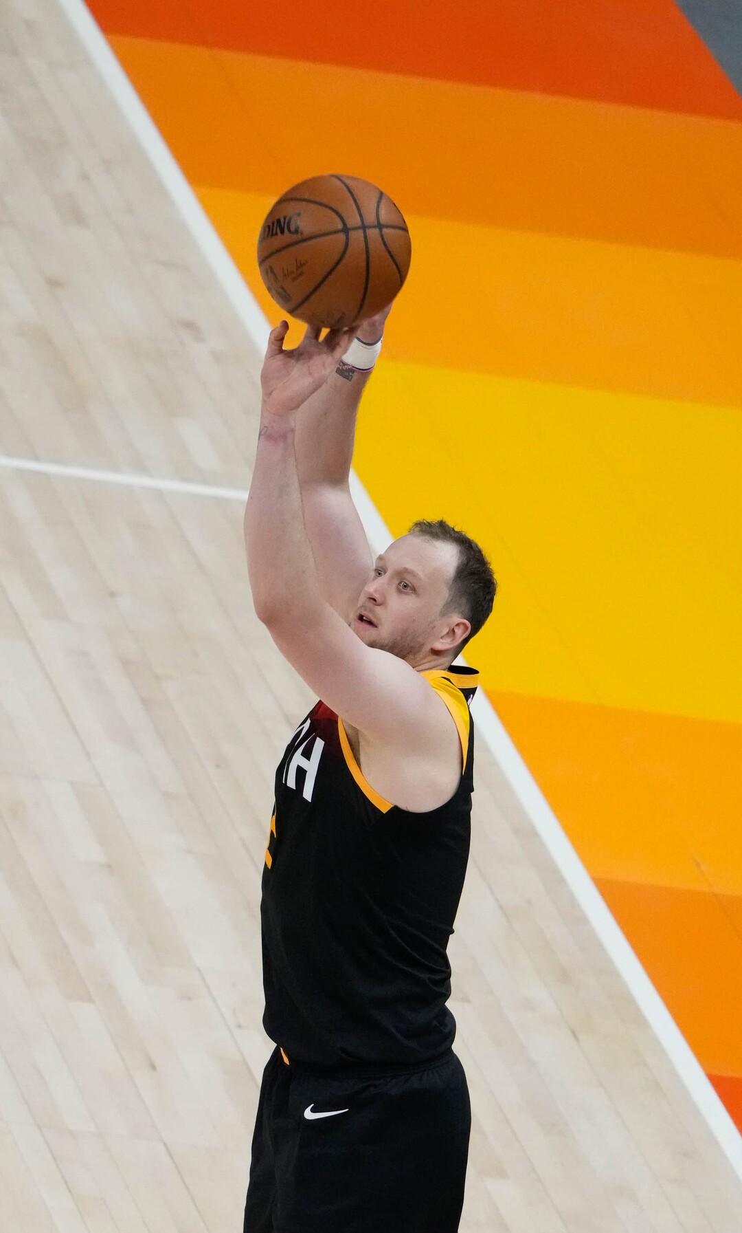 (Francisco Kjolseth | The Salt Lake Tribune) Utah Jazz guard Trent Forrest (3) goes for the three pointer in NBA action between the Utah Jazz and the Portland Trail Blazers, at Vivint Smart Home Arena, on Wednesday, May 12, 2021.