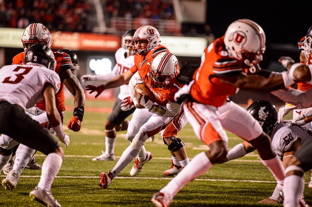 (Trent Nelson | The Salt Lake Tribune)  Utah Utes quarterback Tyler Huntley (1) runs and is stopped at the goal line as the University of Utah hosts Washington State, NCAA football in Salt Lake City, Saturday November 11, 2017.
