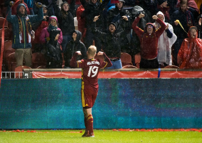 (Rick Egan  |  The Salt Lake Tribune)  Real Salt Lake midfielder Luke Mulholland (19) celebrates after scoring a goal, in MLS soccer action, Real Salt Lake vs Seattle Sounders, in Sandy, Saturday, September 23, 2017.