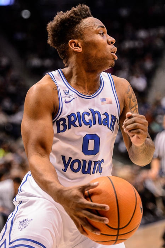(Trent Nelson | The Salt Lake Tribune)   Brigham Young Cougars guard Jahshire Hardnett (0) as BYU hosts San Diego, NCAA basketball in Provo Saturday January 20, 2018.