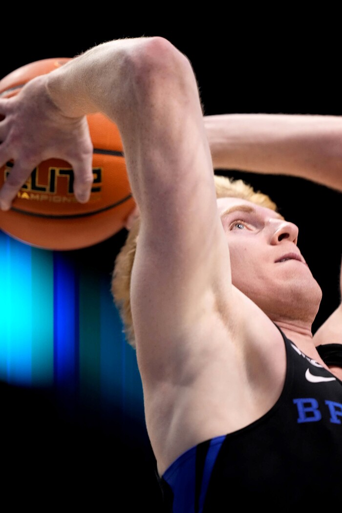 (Francisco Kjolseth | The Salt Lake Tribune) Brigham Young Cougars guard Hunter Erickson (0) goes in for a dunk in basketball action between the Brigham Young Cougars and the Westminster Griffins at the Marriott Center in Provo, Wednesday, Dec. 29, 2021.
