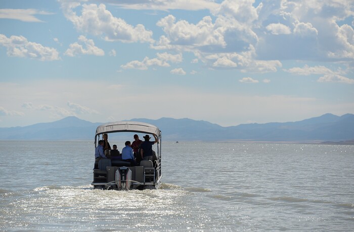 (Francisco Kjolseth | The Salt Lake Tribune) Members of the Legislative Water Development Commission take a tour of Utah Lake on Wednesday, Sept. 13, 2017, for the purpose of learning of wastewater treatment, the importance of protecting our lakes and rivers, how the state is looking to change water quality standards and how regulation is an important local issue.