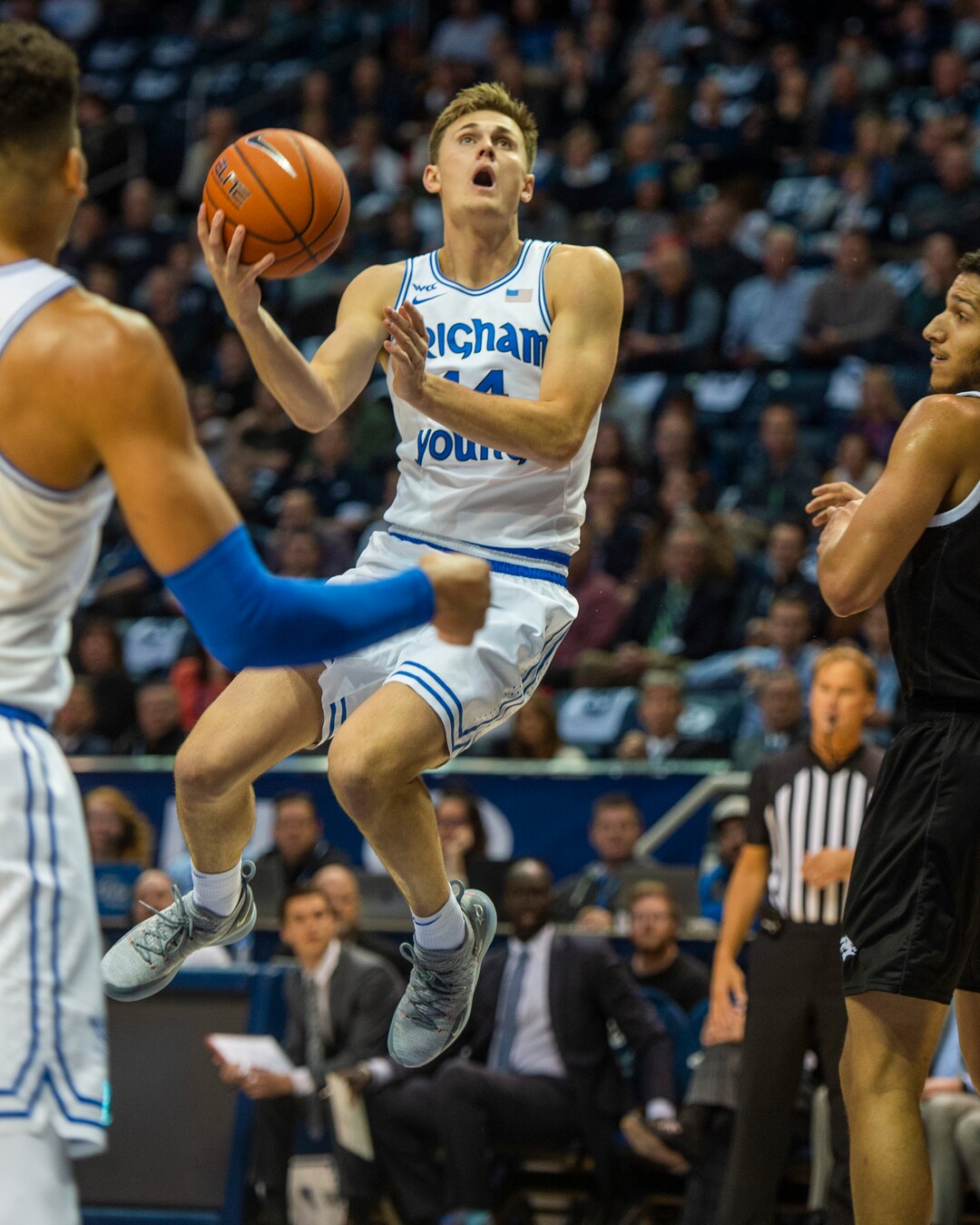 (Rick Egan  |  The Salt Lake Tribune)       Brigham Young Cougars guard Connor Harding (44) takes the ball to the hoop for two, in basketball action between the Brigham Young Cougars and the Nevada Wolf Pack, at the Marriott Center, in Provo, Saturday, December 10, 2019.