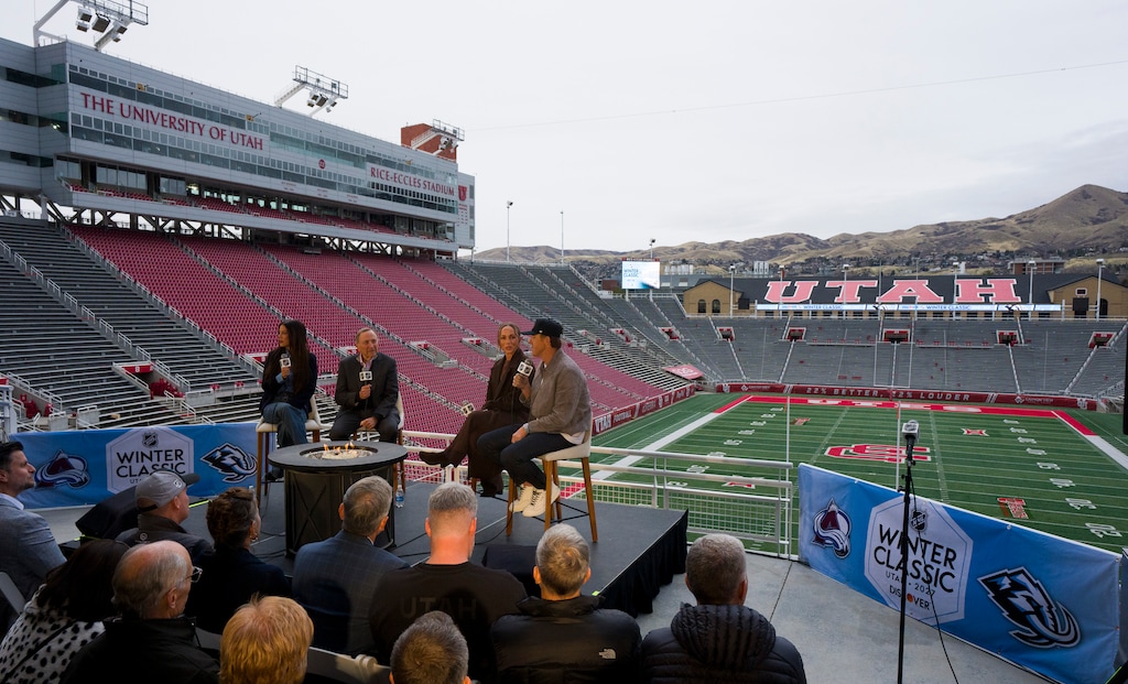(Bethany Baker  |  The Salt Lake Tribune) From left, reporter Jackie Redmond, Gary Bettman, the NHL Commissioner, and Ashley and Ryan Smith, both co-founders of Smith Entertainment Group and owners of Utah Mammoth, hold a news conference to announce the location of the 2027 NHL Winter Classic as Rice-Eccles Stadium at the University of Utah in Salt Lake City, seen here on Wednesday, Jan. 7, 2026.