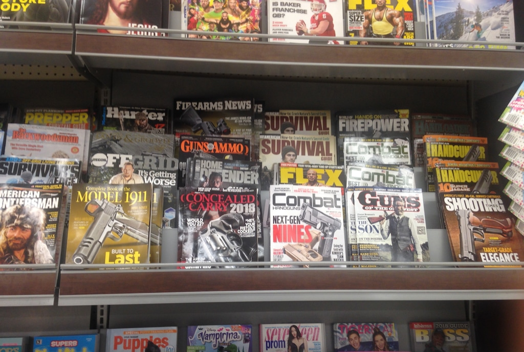 (Sean P. Means  |  The Salt Lake Tribune) Magazines featuring guns fill part of a news rack at a Smith's Food and Drug store in the Rose Park neighborhood of Salt Lake City. The Kroger supermarket chain, which operates Smith's stores in Utah, has announced it will phase out magazines about "assault rifles" from its shelves.
