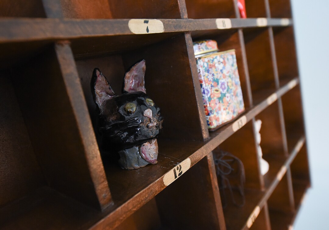 (Francisco Kjolseth  |  The Salt Lake Tribune)  Blair Tomten, who has been using the Kondo method to tidy up her home in Millcreek, keeps a shelf unit in the guest room that holds a number of sentimental items from her childhood, including a ceramic cat she made when she was a kid.  