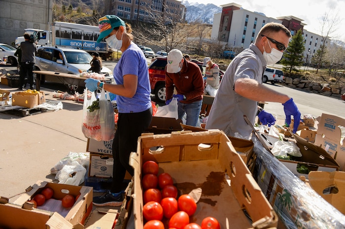 (Leah Hogsten  |  The Salt Lake Tribune)  Snowbird employees handed out over 10,000 pounds of perishable items from the ski resort's restaurants and stores to their workforce, March 21, 2020. The food included milk, eggs, bread, cheeses, every kind of herb, vegetable and fruit, including kumquats and lemon grass, and was given to Snowbird employees on a first-come, first-served basis.