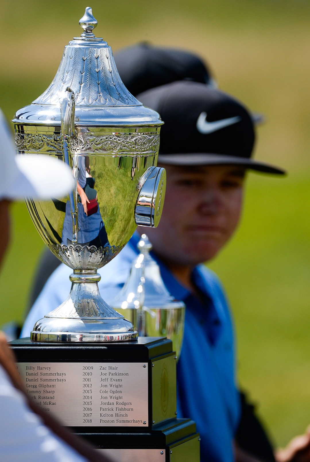 (Francisco Kjolseth  |  The Salt Lake Tribune)  Preston Summerhays, 16, repeats as State Amateur golf champion at Soldier Hollow Golf Course on Saturday, July 13, 2019, as his name appears on the bottom of the trophy from his win last year.