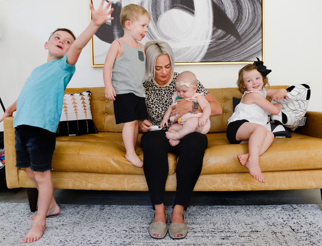 (Leah Hogsten  |  The Salt Lake Tribune) Ramsi Stoker is pictured with her children, from left, Beklan, 6, Banks, 2, Riarson, 7months, and Revali, 4, at their home on Friday, Aug. 2, 2019. Stoker's two oldest children were conceived through in vitro fertilization. The two youngest were conceived naturally. Ramsi Stoker, 39, and her husband, Brian, not pictured, struggled with unexplained infertility until seeking help from the Utah Fertility Center and the Footsteps to Fertility program in 2012.