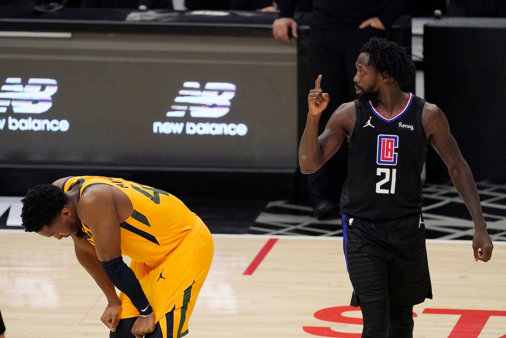 (AP Photo | Mark J. Terrill) Los Angeles Clippers guard Patrick Beverley, right, gestures after a foul that was committed by the Utah Jazz as the Jazz's guard Donovan Mitchell looks down during the second half in Game 4 of a second-round NBA basketball playoff series Monday, June 14, 2021, in Los Angeles.