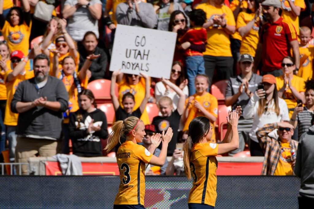 (Trent Nelson | The Salt Lake Tribune)  Utah Royals FC hosts the Chicago Red Stars, at Rio Tinto Stadium in Sandy, Saturday April 14, 2018. Utah Royals FC midfielder Gunnhildur Jónsdóttir (23) and Utah Royals FC defender Brittany Kolmel (13).