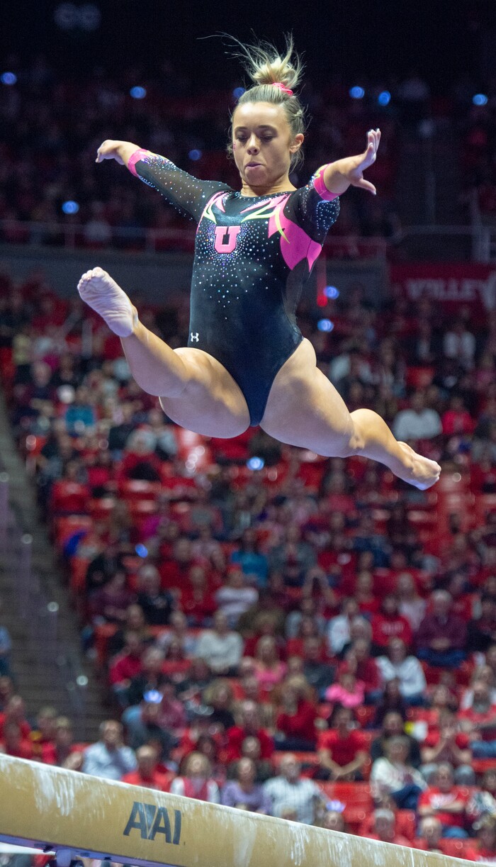 (Rick Egan  |  The Salt Lake Tribune)  Sydney Soloski competes on the balance beam, in PAC-12 Gymnastics action between the Utes and The California Golden Bears, in the Jon M. Huntsman Center, in Salt Lake City, Saturday, Feb. 9, 2019. 