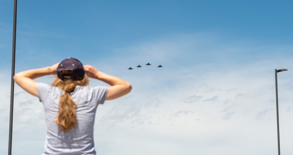 (Chris Samuels | The Salt Lake Tribune) People watch as a U.S. Air Force F-35 Demonstration Team flies over the Salt Lake Valley in Cottonwood Heights, Thursday, April 30, 2020.