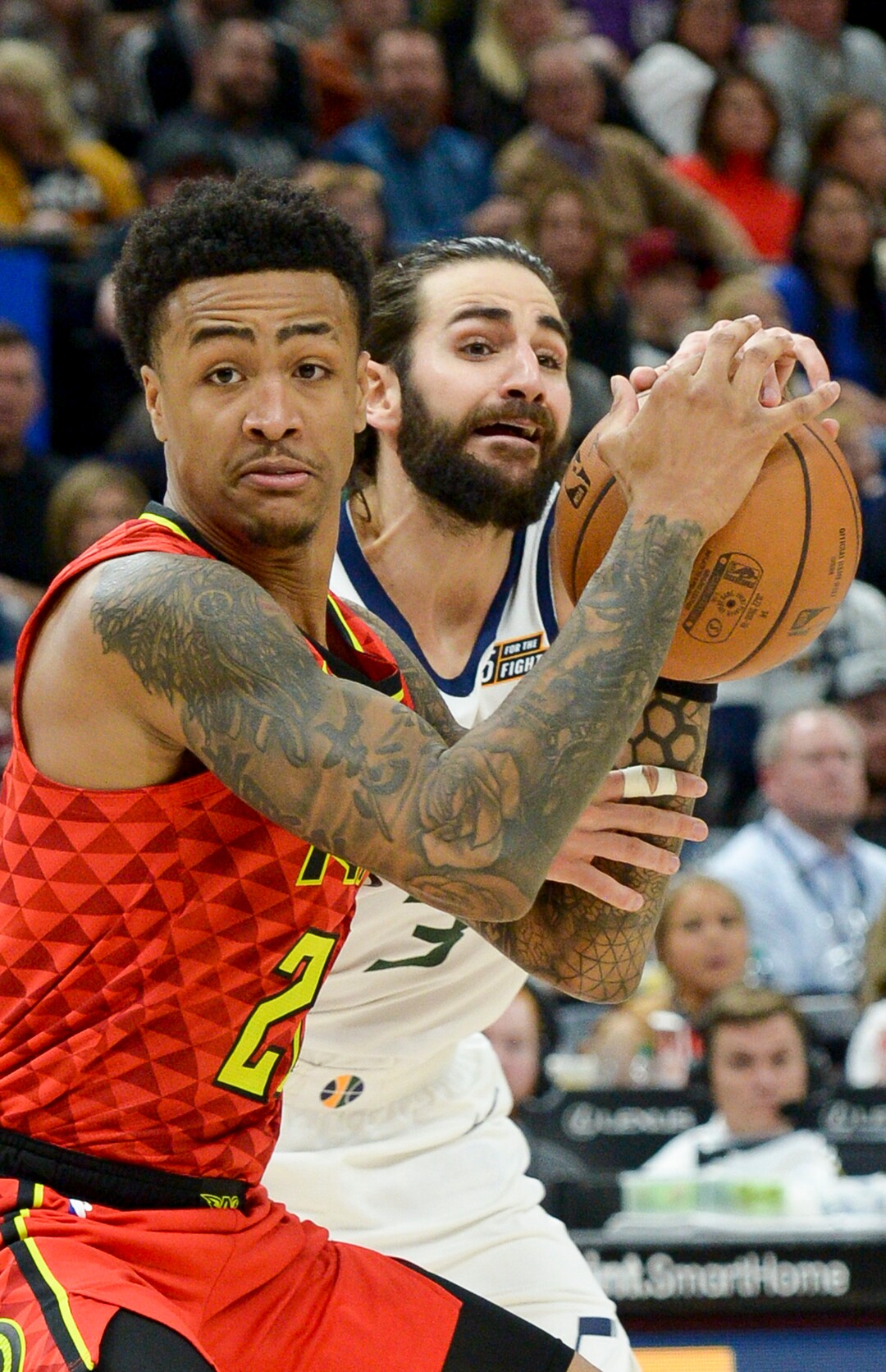 Leah Hogsten  |  The Salt Lake Tribune  Utah Jazz guard Ricky Rubio (3) tries to steal from Atlanta Hawks forward John Collins (20). The Utah Jazz defeated the Atlanta Hawks, 128-112  at Vivint Smart Home Arena, Feb. 1, 2019. 