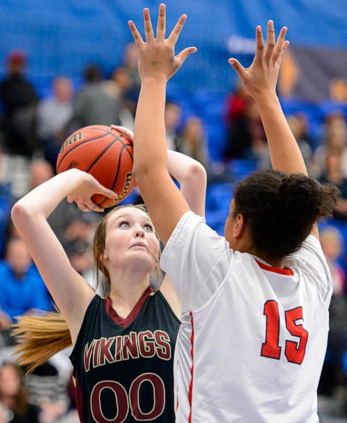 (Trent Nelson | The Salt Lake Tribune)  Viewmont's Melissa Sorenson (0) shoots over East's Precious Faamausili (15) as East faces Viewmont in the 5A High School Girls' Basketball Tournament at SLCC in Taylorsville, Wednesday Feb. 21, 2018.