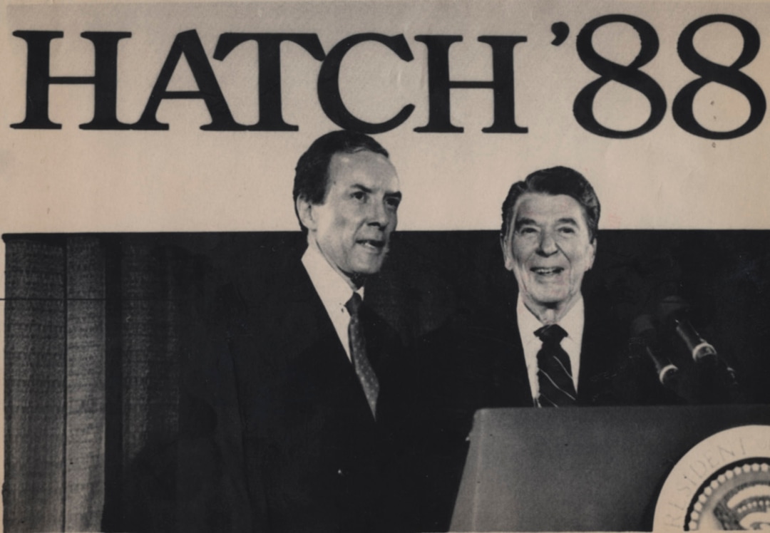 (Ron Edmonds | AP) President Ronald Reagan appears at a fundraiser for Sen. Orrin Hatch 1988 in Washington.