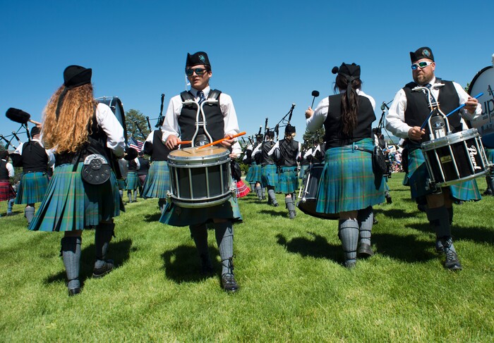 (Rick Egan  |  The Salt Lake Tribune)      Members of the Utah Pipe Band march at the 44th annual Utah Scottish Festival and Highland Games at the Utah State Fairgrounds, Sunday, June 10, 2018.