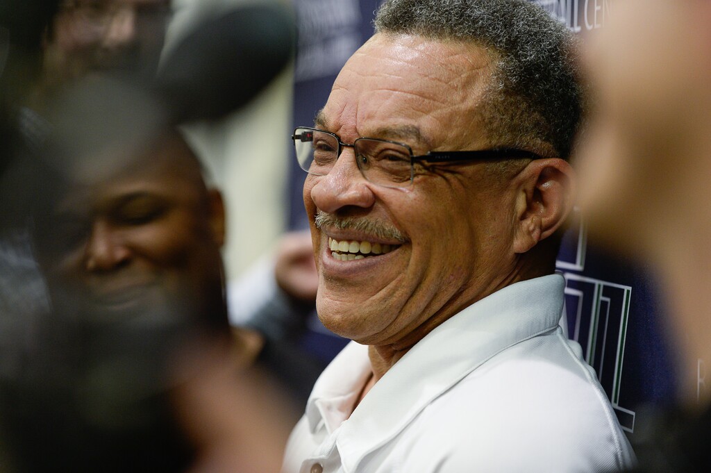 (Francisco Kjolseth  |  The Salt Lake Tribune ) Walt Perrin jokes with local media following a round of pre-draft workouts with players at the Zions Bank Basketball Center in 2015.