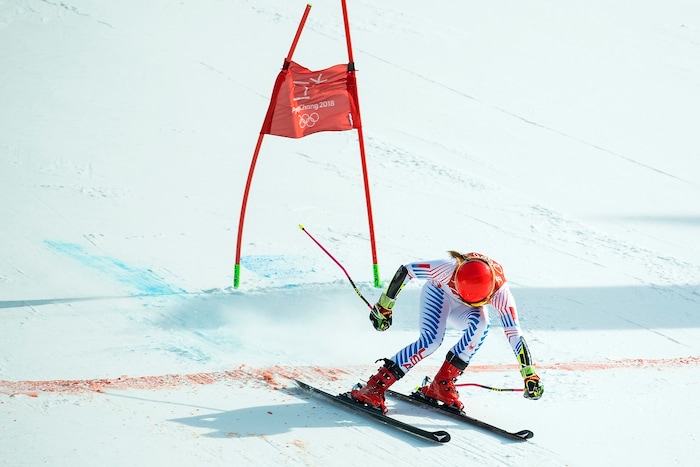 (Chris Detrick  |  The Salt Lake Tribune)  USA's Mikaela Shiffrin competes in the Ladies' Giant Slalom at Yongpyong Alpine Centre during the Pyeongchang 2018 Winter Olympics Thursday, Feb. 15, 2018.  Shiffrin won the event with a time of 2:20.02.