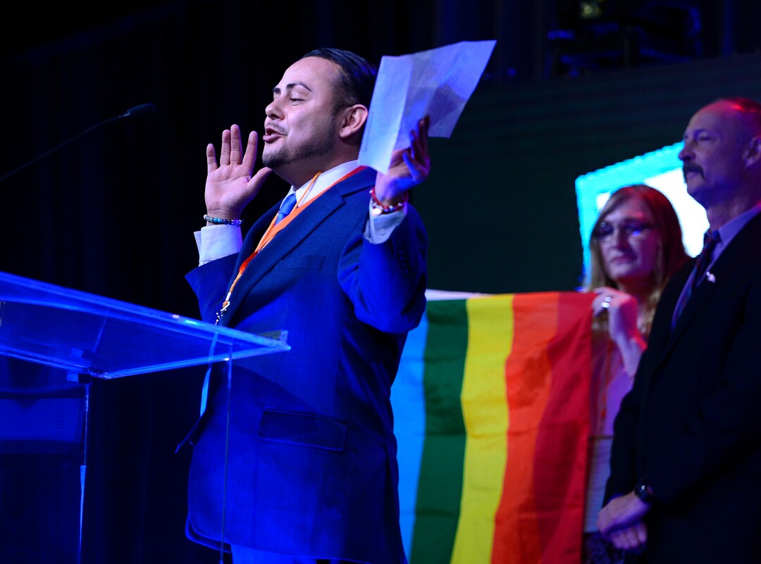 (Scott Sommerdorf | The Salt Lake Tribune)
Candidate in Congressional District 1, Lee Castillo speaks at the Democratic convention, Saturday, April 28, 2018 at the Salt Palace Convention Center in Salt Lake City, Utah.