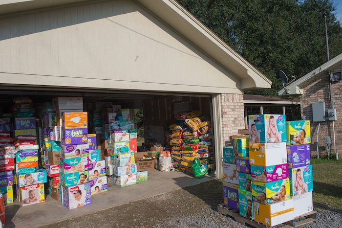 (Rachel Molenda  |  The Salt Lake Tribune)  Diapers and pet food for distribution to those impacted by Hurricane Harvey in Lumberton, Texas, on Tuesday, Sept. 7, 2017.