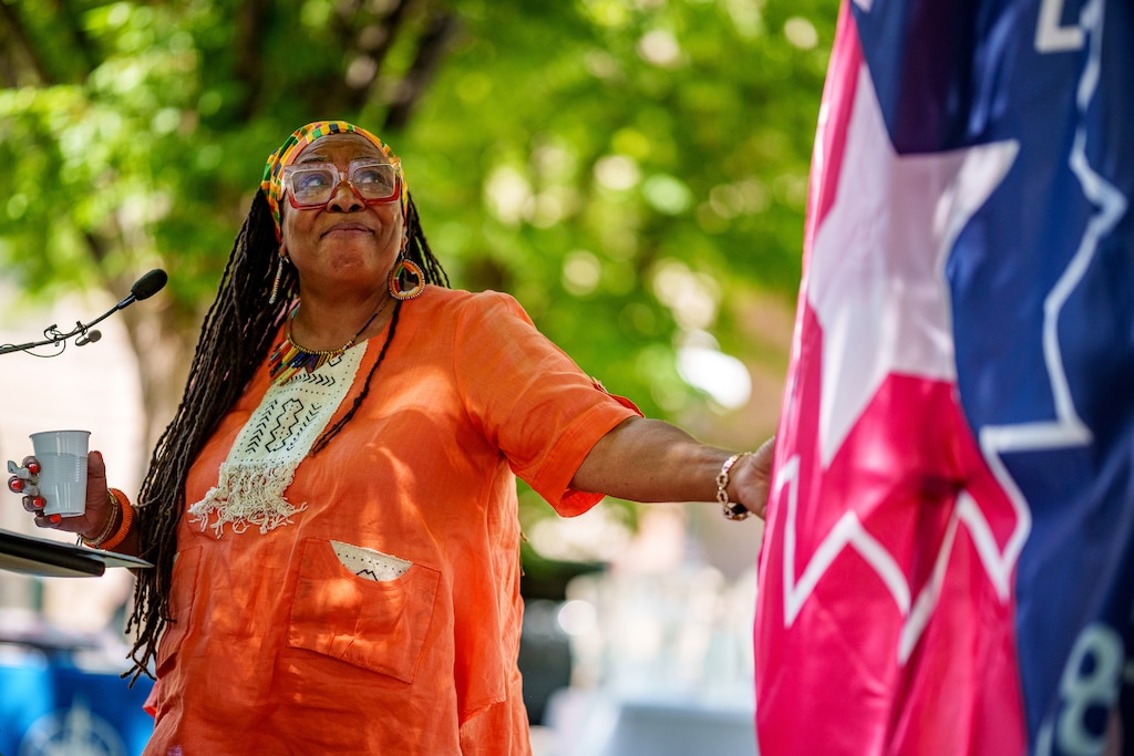 (Trent Nelson  |  The Salt Lake Tribune) Betty Sawyer speaks at a flag-raising celebration of Juneteenth National Independence Day at City Hall in Salt Lake City on Tuesday, June 10, 2025.