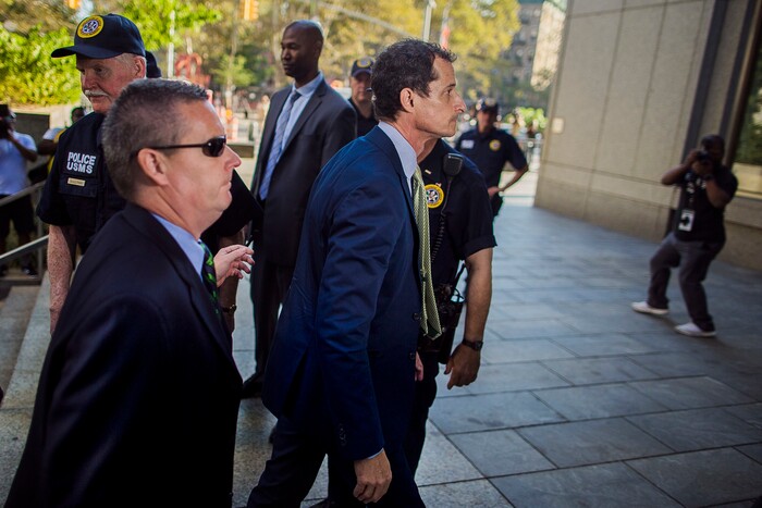 Former Congressman Anthony Weiner (D-N.Y.) arrives at federal court for his sentencing hearing in a sexting scandal, Monday, Sept. 25, 2017, in New York. (AP Photo/Andres Kudacki)