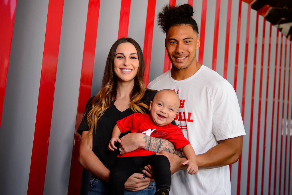 (Trent Nelson  |  The Salt Lake Tribune)  University of Utah football player Francis Bernard, right, with his fiancé Alexis Johnson and their son Lennox in Salt Lake City on Saturday Aug. 24, 2019.