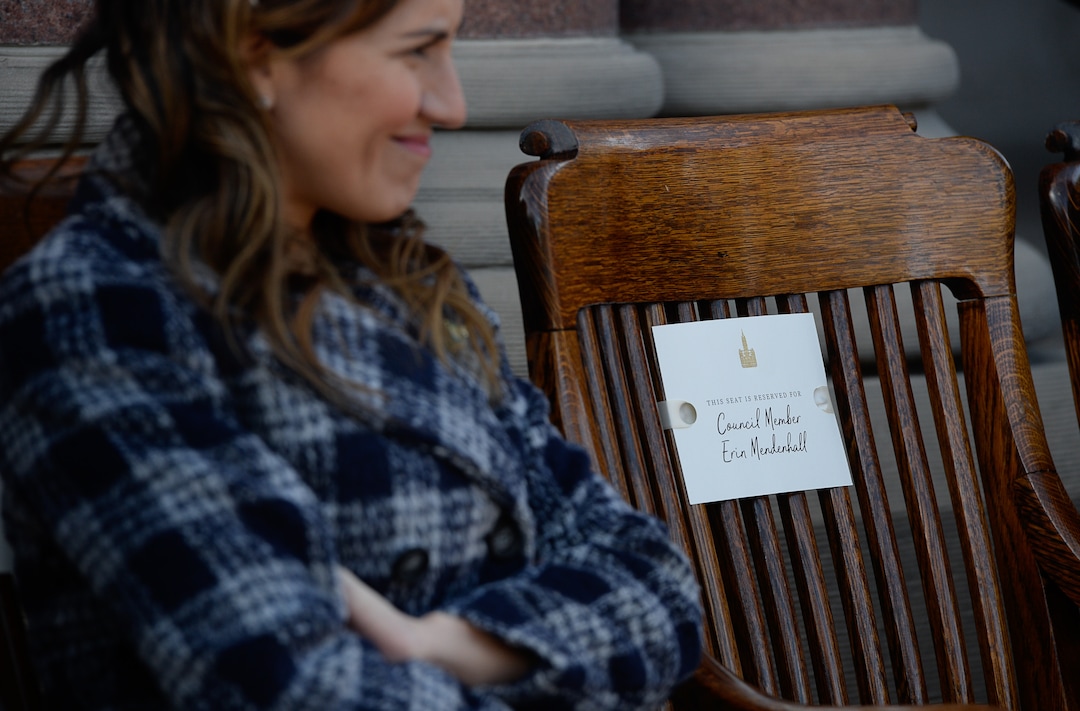 (Francisco Kjolseth  |  The Salt Lake Tribune) The transition from council member to Mayor is complete as Erin Mendenhall leaves her marked chair to make her remarks after taking the oath of office as Mayor on the steps of Salt Lake City Hall on Monday, Jan. 6, 2020, during inauguration ceremonies.