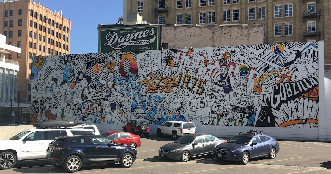 (Sean P. Means  |  The Salt Lake Tribune) Trent Call's "40 Seasons," commissioned by the Utah Jazz, is on the side of the Zions Bank Business Center, 120 S. Main St., Salt Lake City.