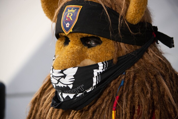 (Francisco Kjolseth  |  The Salt Lake Tribune) Leo the lion wears a mask as Real Salt Lake hosts L.A. Galaxy at Rio Tinto Stadium in Sandy on Wednesday, Sept. 23, 2020.