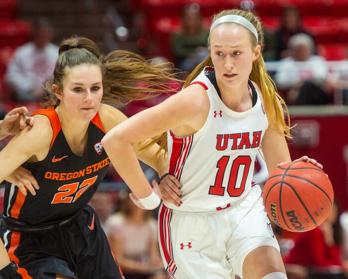 (Rick Egan  |  The Salt Lake Tribune)     Utah Utes guard Dru Gylten (10) gets past Oregon State Beavers guard Kat Tudor (22), in PAC-12 basketball action between the Utah Utes and the Oregon State Beavers at the Jon M. Huntsman Center, Saturday, Feb. 1, 2020.