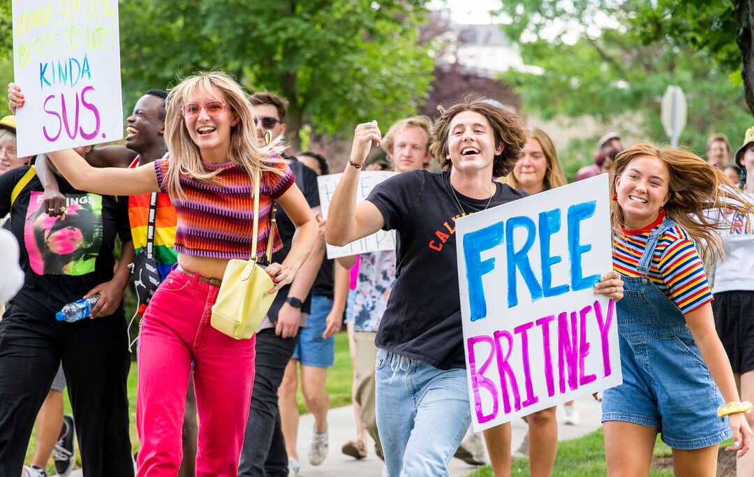 (Rick Egan | The Salt Lake Tribune) More than a thousand BYU students, friends and allies dance to Lady Gaga, during a Pride March from Joaquin Park to Kiwanis Park, in Provo, on Monday, June 28, 2021.