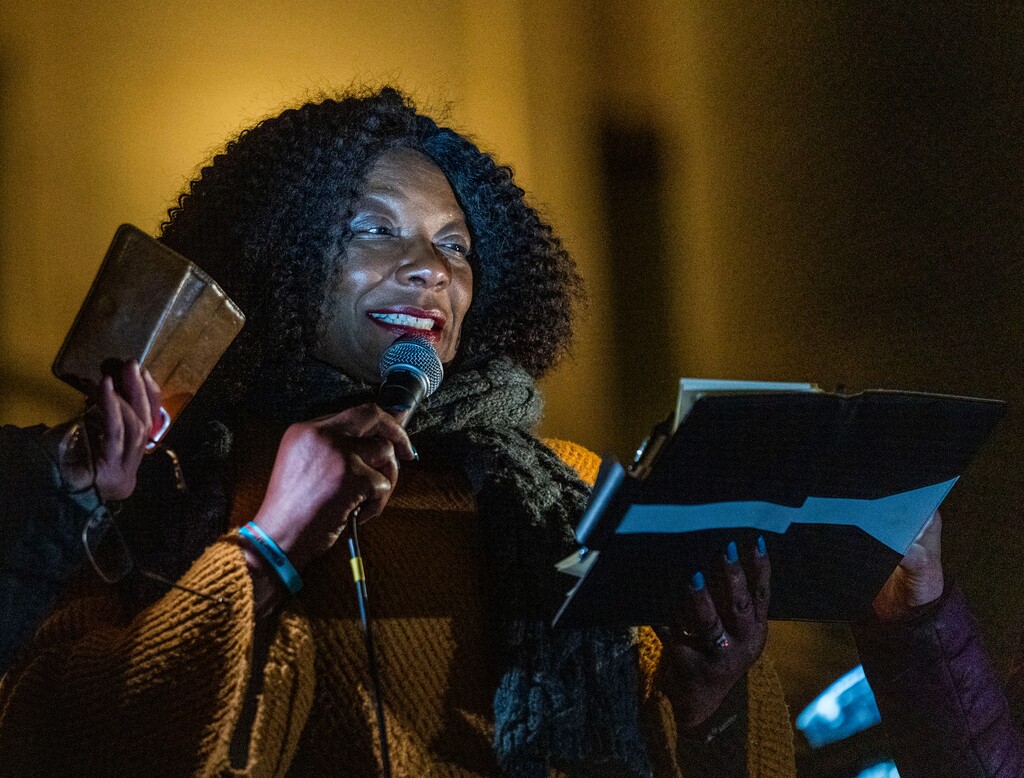 (Rick Egan | The Salt Lake Tribune) Darlene McDonald speaks on the Capitol steps as hundreds of protesters gather for a gerrymandering protest, on Wednesday, Nov. 10, 2021.