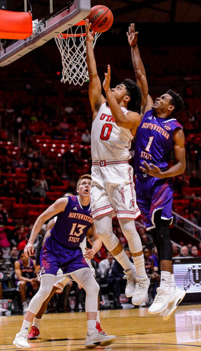 (Trent Nelson | The Salt Lake Tribune)  Utah Utes guard Sedrick Barefield (0) scores as the University of Utah hosts Northwestern State, NCAA basketball in Salt Lake City, Wednesday December 20, 2017.