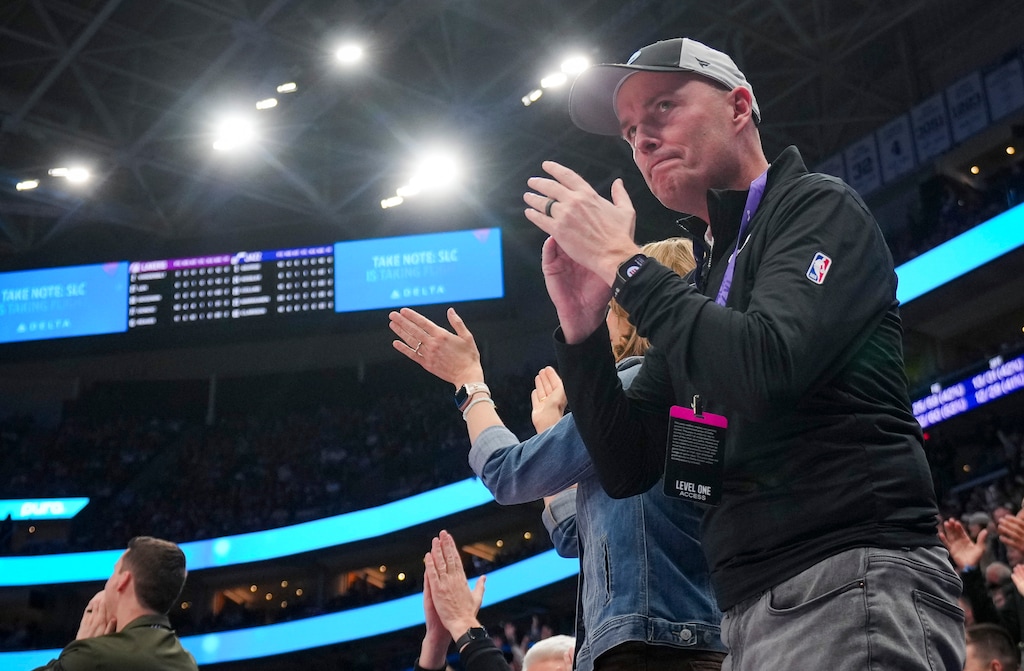 (Bethany Baker | The Salt Lake Tribune) Gov. Spencer Cox cheers on the Utah Jazz at the Delta Center on Feb. 12, 2025. This week, the prediction market Kalshi sued Cox and other state leaders, seeking an injunction blocking Utah from taking action against it.
