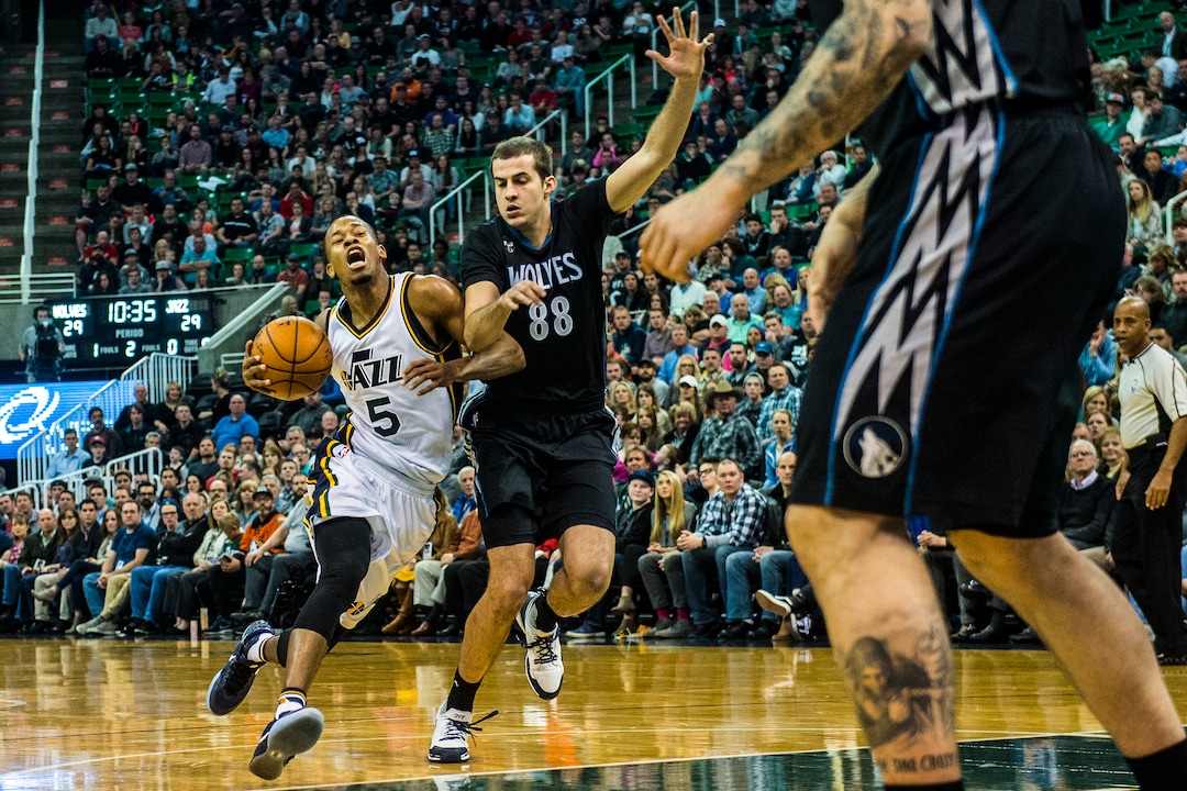 Chris Detrick  |  The Salt Lake TribuneUtah Jazz guard Rodney Hood (5) runs around Minnesota Timberwolves forward Nemanja Bjelica (88) during the game at Vivint Smart Home Arena Friday January 29, 2016. 