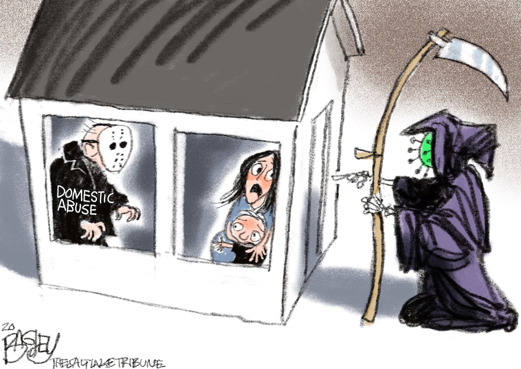 (Pat Bagley | The Salt Lake Tribune) This cartoon, titled "Between COVID and a Bad Place," appears in The Salt Lake Tribune on Friday, April 24, 2020.