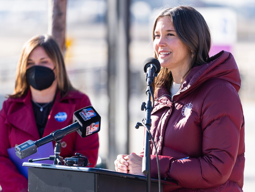 (Rick Egan | The Salt Lake Tribune)  Salt Lake City Mayor Erin Mendenhall says a few words at the UTA Central Station, as mayors and county council members rode UTA to promote Free Fare February and celebrate the 20th anniversary of the start of the 2002 Olympic Winter Games in Salt Lake City, on Tuesday, Feb. 8, 2022.