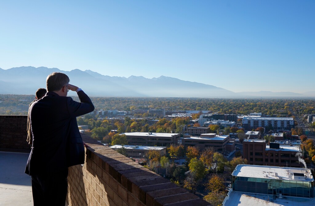 (Chris Samuels | The Salt Lake Tribune) Members of the National Housing Crisis Task Force take in the view from 515 Tower, an office converted into affordable housing in Salt Lake City, Thursday, Oct. 30, 2025.