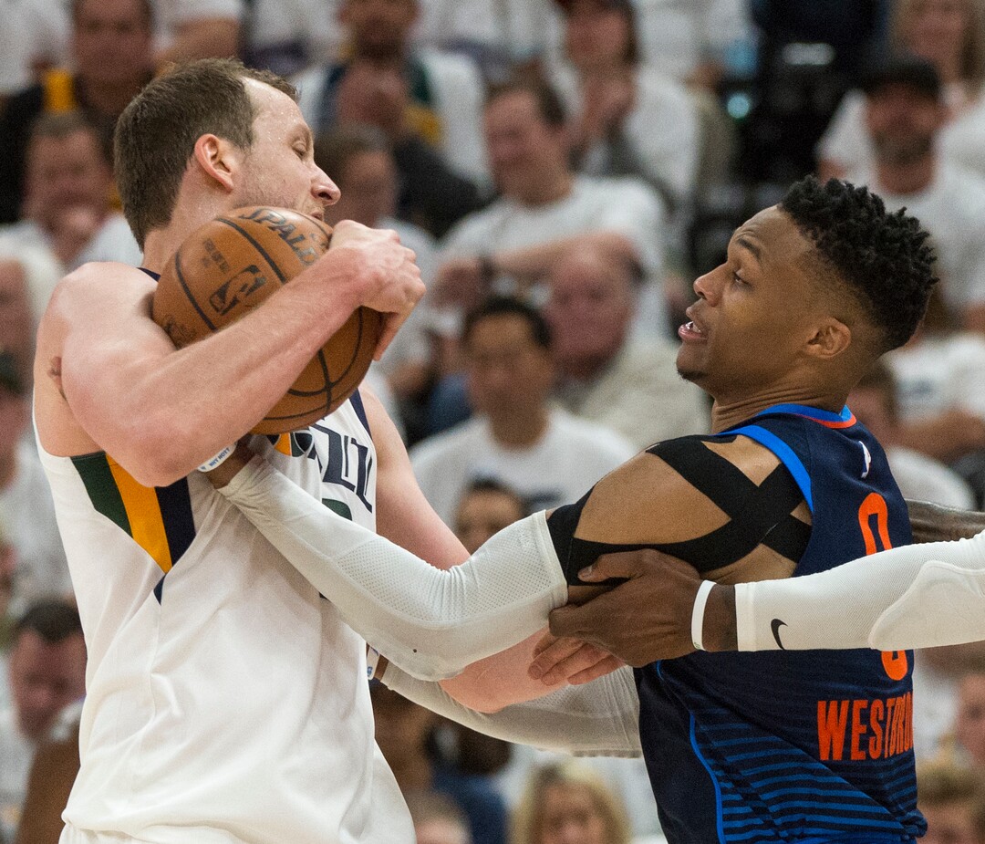 (Rick Egan  |  The Salt Lake Tribune)  Utah Jazz forward Joe Ingles (2) gets mixed up with Oklahoma City Thunder guard Russell Westbrook (0), in game 4, NBA playoff action between Utah Jazz and Oklahoma City Thunder, in Salt Lake City, Monday April 23, 2018.