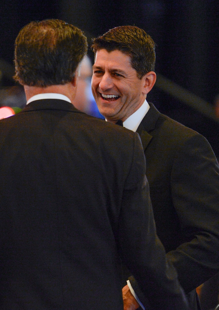 Leah Hogsten | The Salt Lake Tribune
U. S. House Speaker Paul Ryan shares a laugh with Republican Senate candidate Mitt Romney during a ceremony honoring Utah Senator Orrin G. Hatch, Saturday, June 9, 2018, at the Grand America Hotel in Salt Lake City. The Salt Lake Chamber awarded Sen. Hatch with the 39th Giant in Our City, for his exceptional and distinguished service and extraordinary professional achievement throughout his political career.