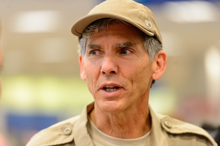 (Trent Nelson | The Salt Lake Tribune) Commander Steven Bott addresses reporters as members of Utah's DMAT-1 (Disaster Medical Assistance Team) meet at the Salt Lake City Airport en route to Texas, Tuesday August 29, 2017. 36 members of the team are headed to the Houston area to help with the fallout of Hurricane Harvey.