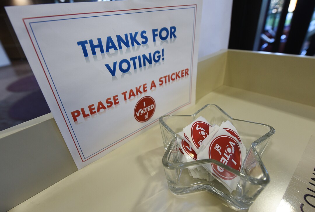 (Francisco Kjolseth  |  The Salt Lake Tribune)  'I Voted' sticker are available to people who vote at the Salt Lake County complex during primary election day on Tuesday, June 26, 2018.