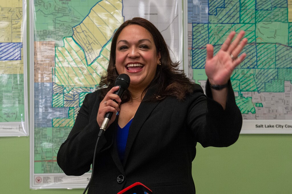 (Rick Egan  |  Tribune file photo) Luz Escamilla thanks friends and supporters as she awaits the ballot results in the Salt Lake City mayor's race, at her campaign headquarters, Tuesday, Nov. 5, 2019. Escamilla ran against Salt Lake City Councilwoman Erin Mendenhall, who won.