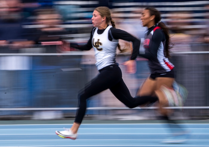 (Rick Egan | The Salt Lake Tribune)  Aubrey Riser, Union, leads Ebony Dodoo, Delta, heat 3 of the 3A Girl's 100 Meter race, at the Utah High School State Track Meet, at BYU on Friday, May 20, 2022.
