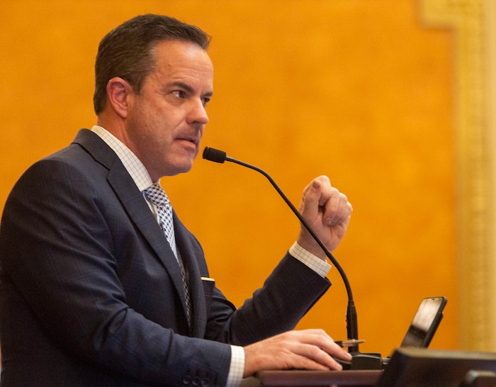 (Rick Egan  |  The Salt Lake Tribune)  Speaker of the House Brad Wilson listens to comments on a bill, late in the evening, on the final day of the 2019 legislature, Thursday, March 14, 2019. 

