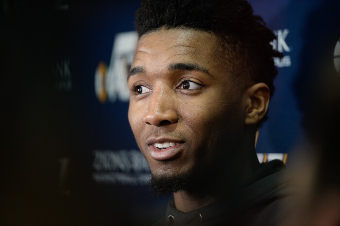 (Francisco Kjolseth  |  The Salt Lake Tribune)  Donovan Mitchell of the Utah Jazz speaks to the media following a long practice on Friday, April 20, 2018, ahead of Game 3 vs. Thunder on Saturday.