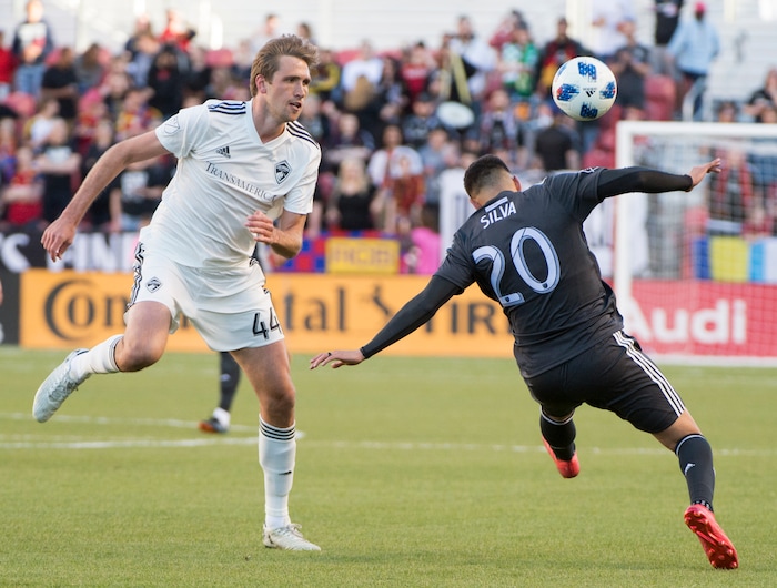 (Rick Egan  |  The Salt Lake Tribune)   Real Salt Lake midfielder Luis Silva (20) goes for the ball along with Colorado Rapids defender Axel Sjoberg (44), in MLS soccer action, between Real Salt Lake and Colorado Rapids,  at Rio Tinto Stadium, Saturday, April 21, 2018.


